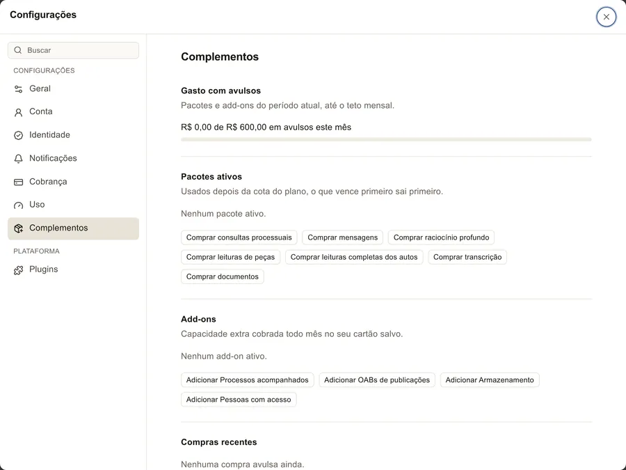 Tela Configurações › Complementos no app, com o gasto com avulsos, os pacotes ativos e os add-ons