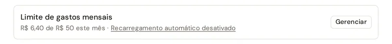 Cartão Limite de gastos mensais em Configurações › Uso, com o valor gasto no mês e o estado da recarga automática