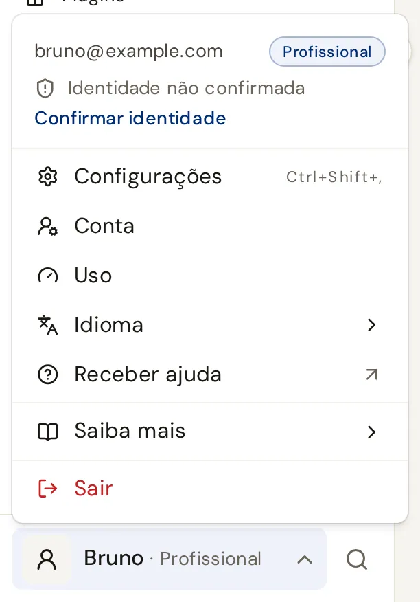 Menu do perfil no app, com o atalho Confirmar identidade