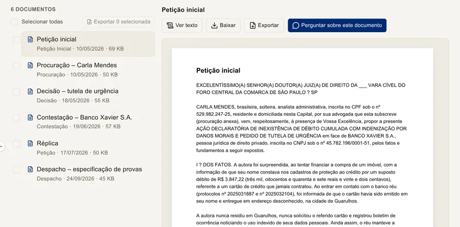 Aba Documentos de um processo no app, com a lista de peças à esquerda e a peça aberta à direita, com os botões Ver texto, Baixar, Exportar e Perguntar sobre este documento