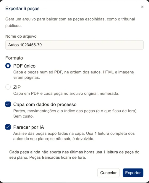 Janela Exportar peças no app, com o nome do arquivo, o formato PDF único ou ZIP, a capa com dados do processo e o parecer por IA