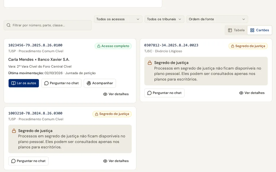 Tela Meus processos com três processos encontrados pelo CPF, separados por tribunal