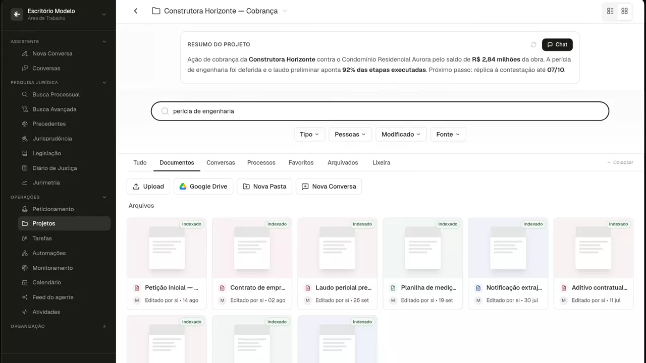 Projeto Construtora Horizonte, Cobrança, com o resumo do caso e os documentos indexados.