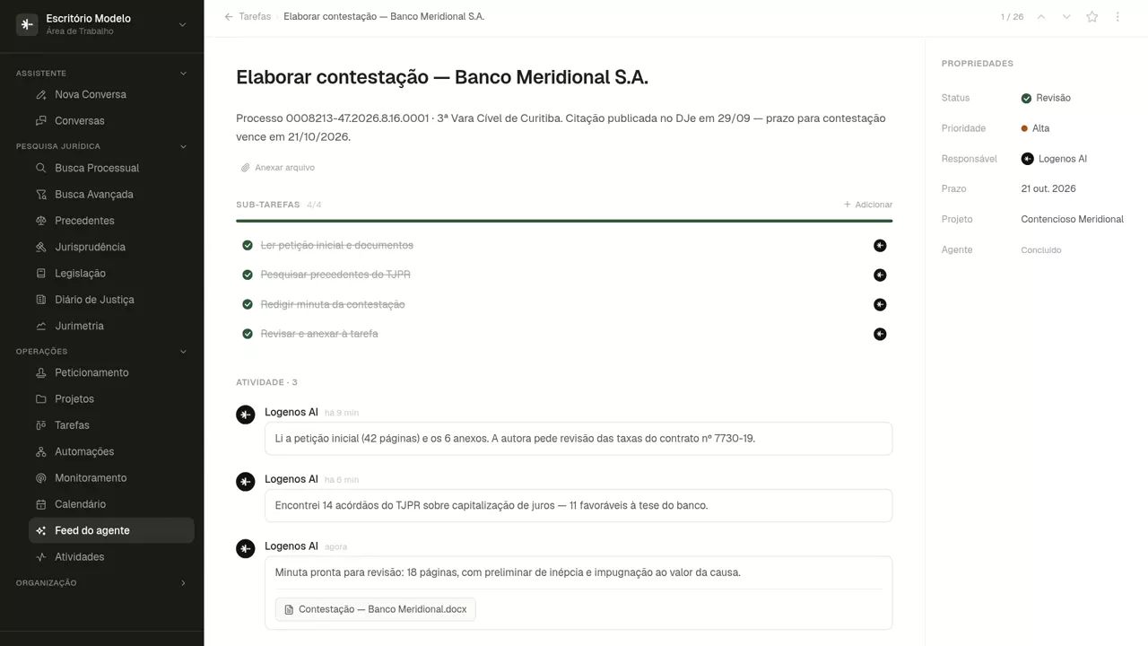 Tarefa Elaborar contestação do Banco Meridional: o Agente leu a inicial, pesquisou 14 acórdãos do TJPR e anexou a minuta de 18 páginas.