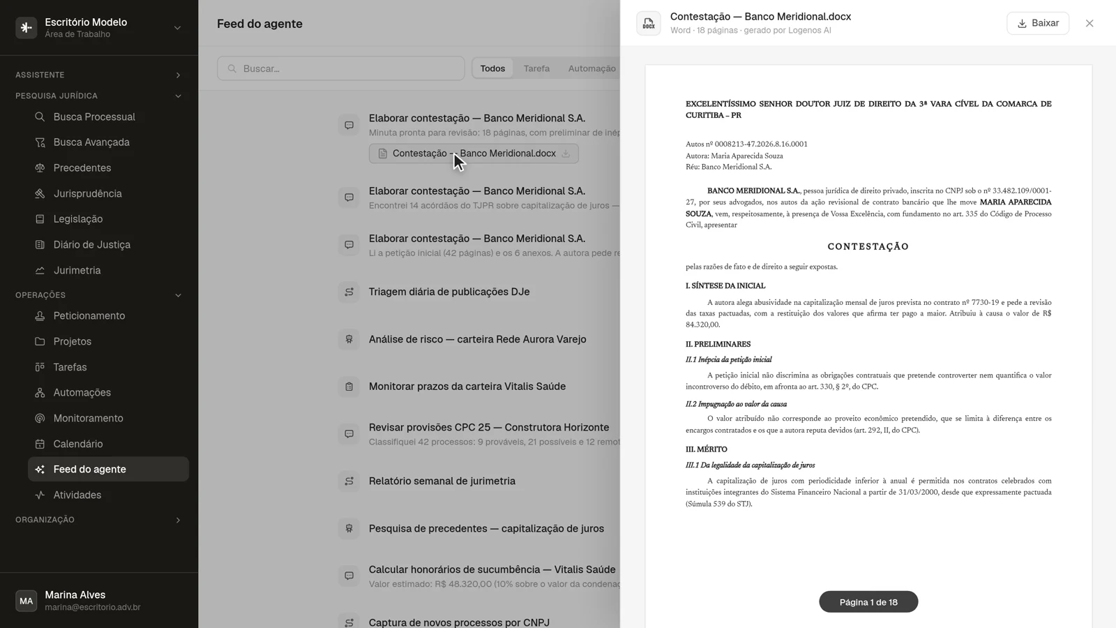 A minuta chega pronta para revisão.