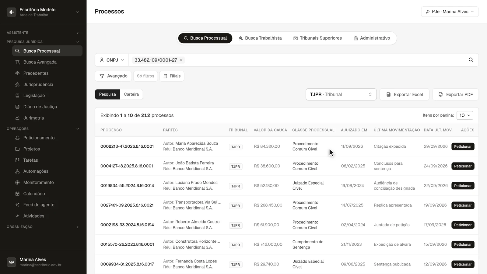 212 depois do filtro. Recorte por tribunal, classe ou período sem refazer a consulta. A lista sai em Excel ou PDF.