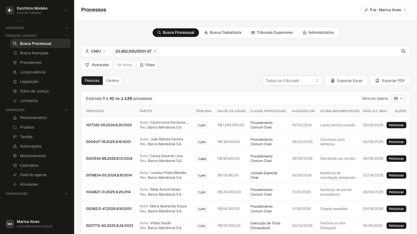 1.126 processos. Todos os processos em que o documento aparece, de todos os tribunais, numa lista só: partes, tribunal, valor da causa e última movimentação.