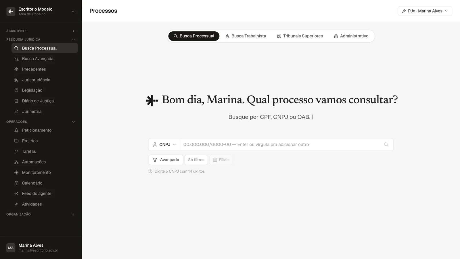 14 dígitos. Um CPF, um CNPJ ou uma OAB é tudo o que a busca pede. Vários de uma vez, separados por vírgula.