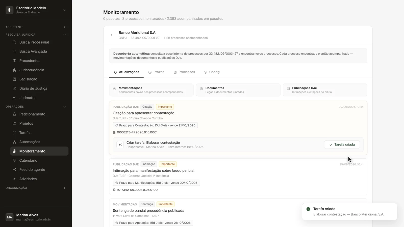 Elaborar contestação, com prazo interno em 18/10. Criada a partir da publicação, em um clique.