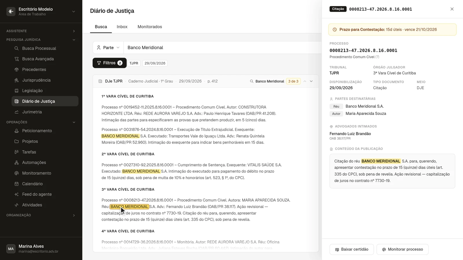 A publicação vira ficha: 3ª Vara Cível de Curitiba, partes, advogado intimado e prazo para contestação até 21/10/2026.