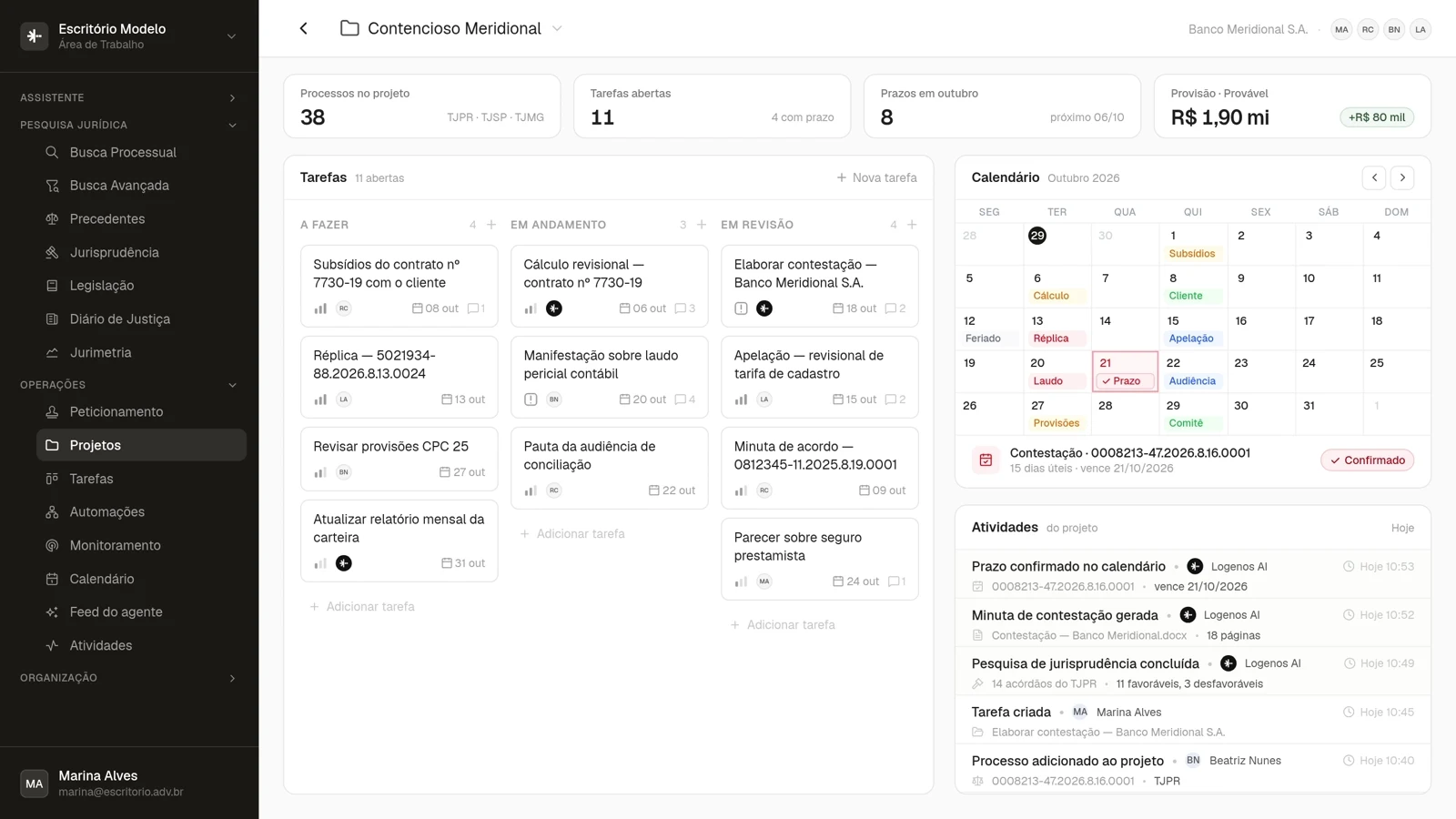 Projeto Contencioso Meridional na Logenos: 38 processos, 11 tarefas abertas, 8 prazos em outubro e provisão provável de R$ 1,90 mi, com +R$ 80 mil; abaixo, o quadro de tarefas, o calendário de outubro e as atividades do dia.